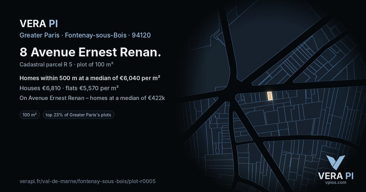 8 Avenue Ernest Renan, Fontenay-sous-Bois at night – the plot lit, the parcels around coloured by the prices near them