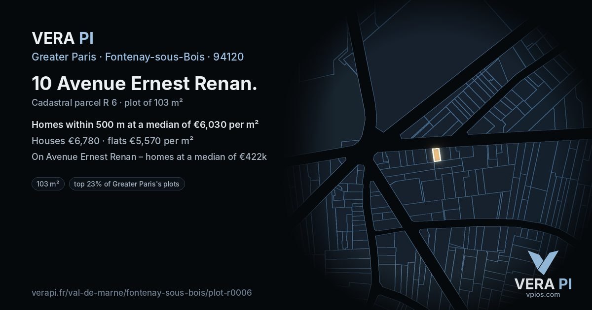 10 Avenue Ernest Renan, Fontenay-sous-Bois at night – the plot lit, the parcels around coloured by the prices near them