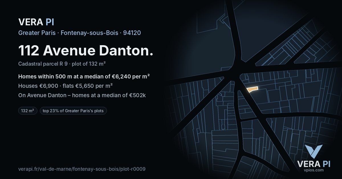112 Avenue Danton, Fontenay-sous-Bois at night – the plot lit, the parcels around coloured by the prices near them
