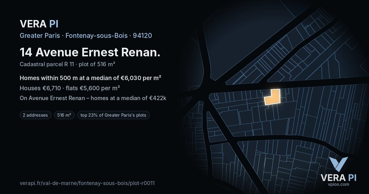 14 Avenue Ernest Renan, Fontenay-sous-Bois at night – the plot lit, the parcels around coloured by the prices near them