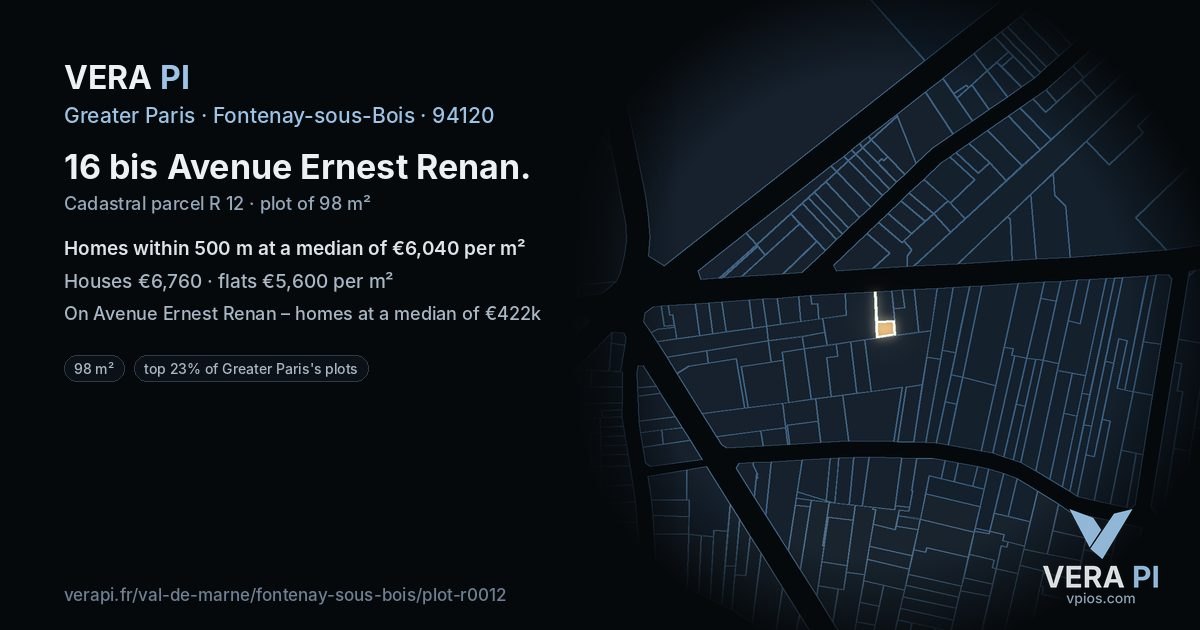 16 bis Avenue Ernest Renan, Fontenay-sous-Bois at night – the plot lit, the parcels around coloured by the prices near them