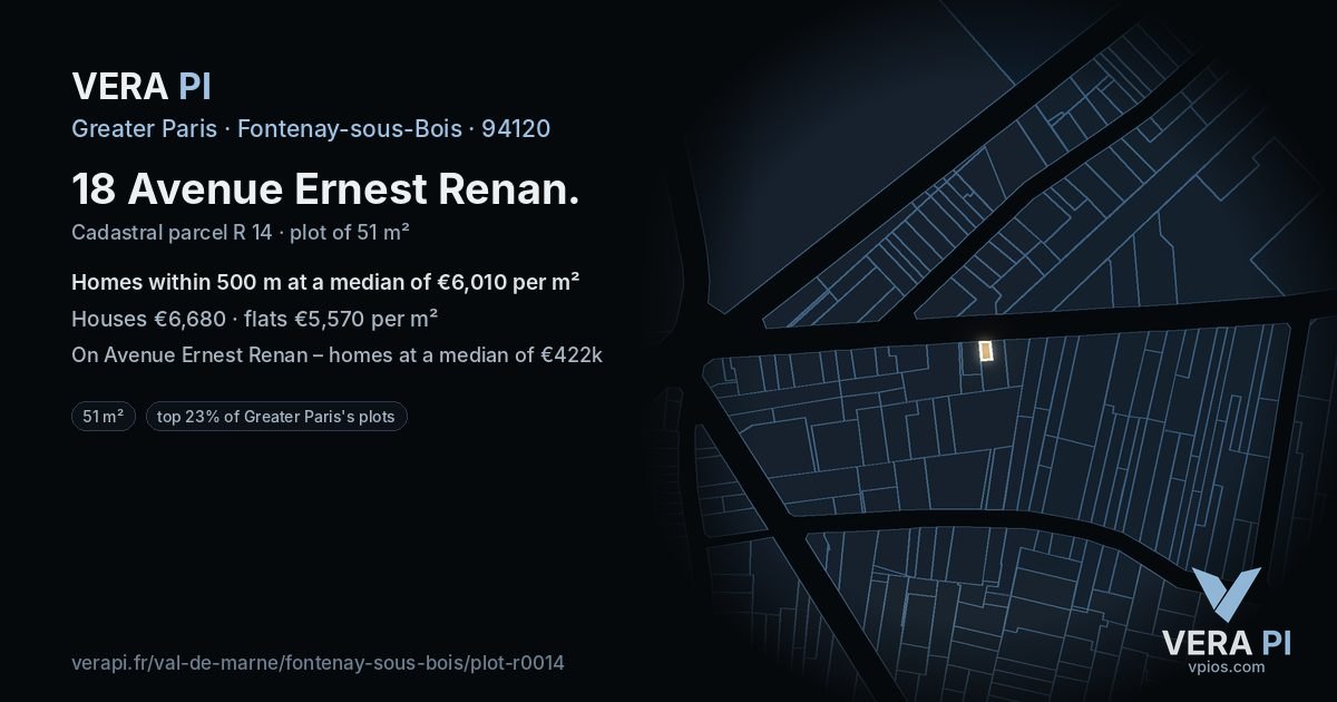 18 Avenue Ernest Renan, Fontenay-sous-Bois at night – the plot lit, the parcels around coloured by the prices near them