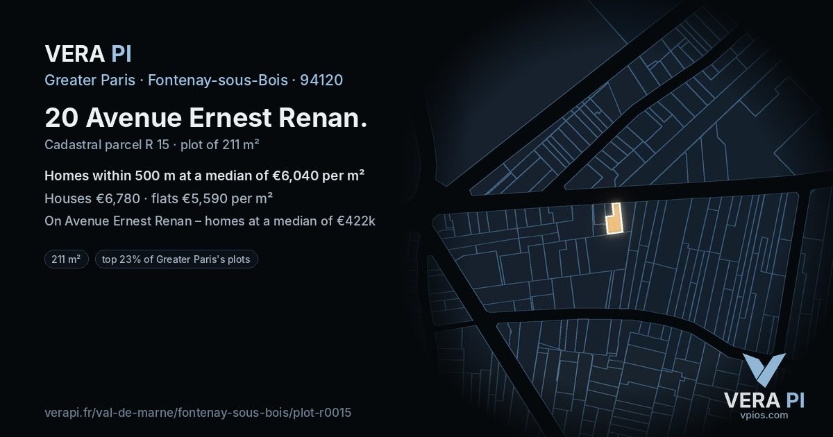 20 Avenue Ernest Renan, Fontenay-sous-Bois at night – the plot lit, the parcels around coloured by the prices near them