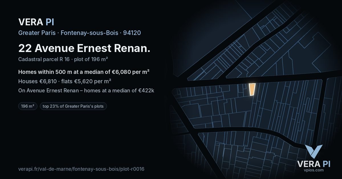 22 Avenue Ernest Renan, Fontenay-sous-Bois at night – the plot lit, the parcels around coloured by the prices near them
