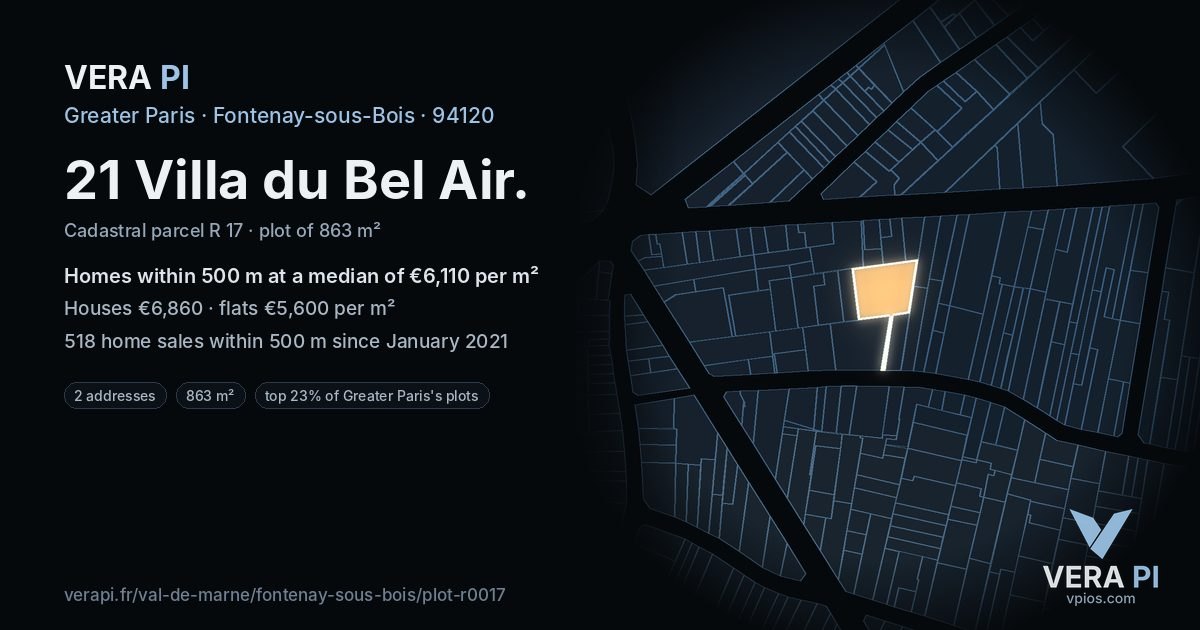 21 Villa du Bel Air, Fontenay-sous-Bois at night – the plot lit, the parcels around coloured by the prices near them