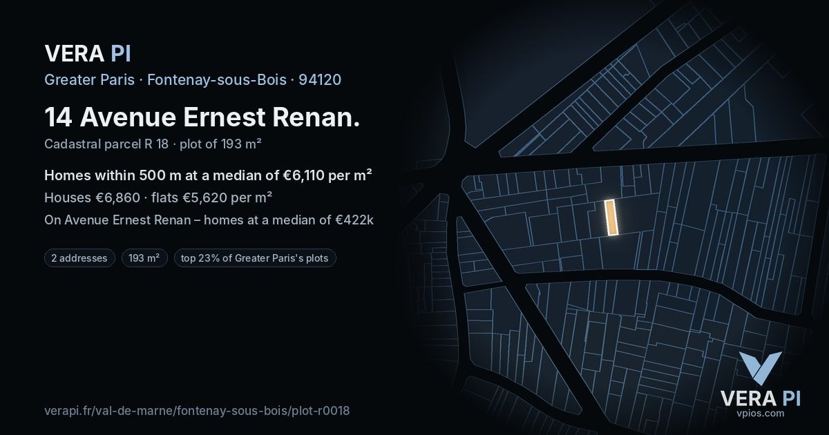 14 Avenue Ernest Renan, Fontenay-sous-Bois at night – the plot lit, the parcels around coloured by the prices near them