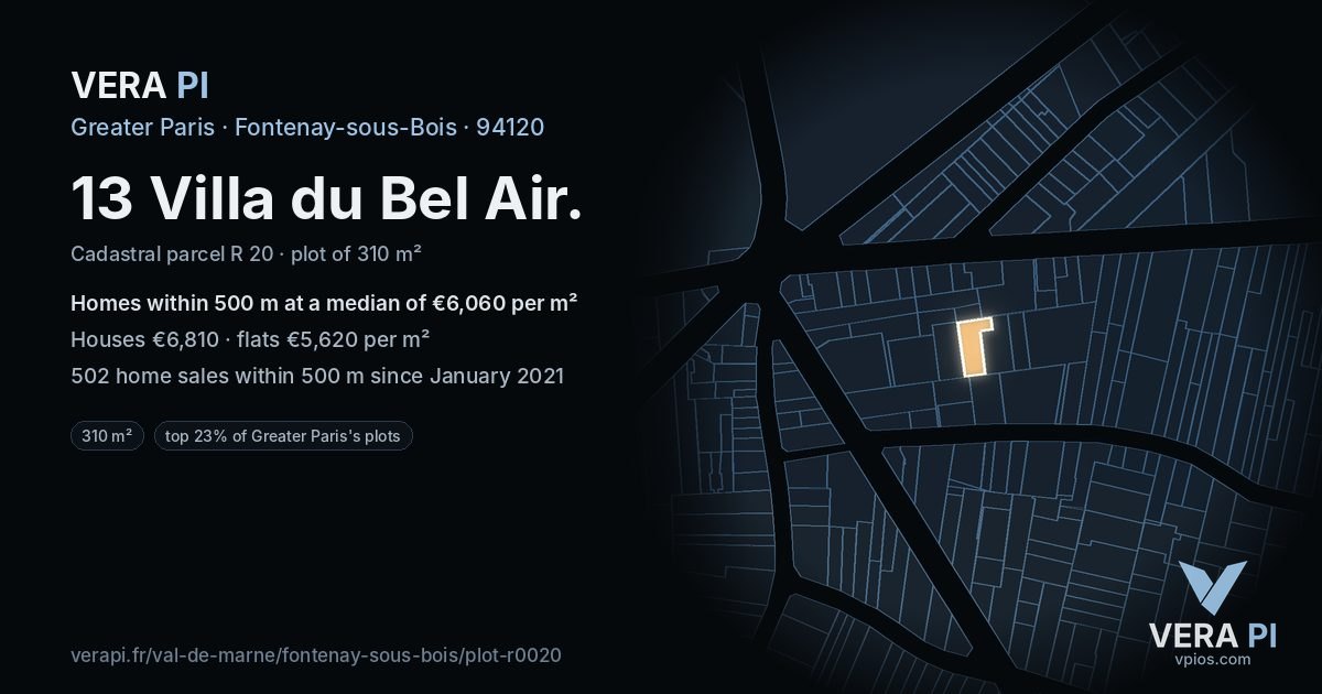 13 Villa du Bel Air, Fontenay-sous-Bois at night – the plot lit, the parcels around coloured by the prices near them