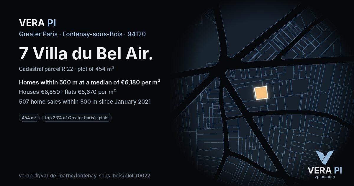 7 Villa du Bel Air, Fontenay-sous-Bois at night – the plot lit, the parcels around coloured by the prices near them