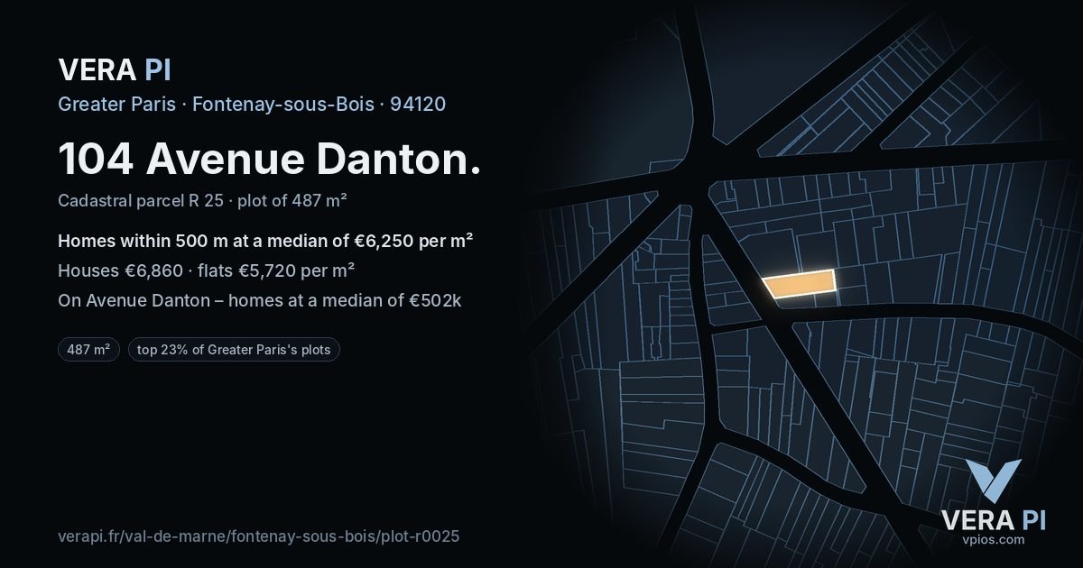 104 Avenue Danton, Fontenay-sous-Bois at night – the plot lit, the parcels around coloured by the prices near them