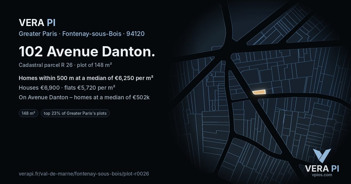 102 Avenue Danton, Fontenay-sous-Bois at night – the plot lit, the parcels around coloured by the prices near them