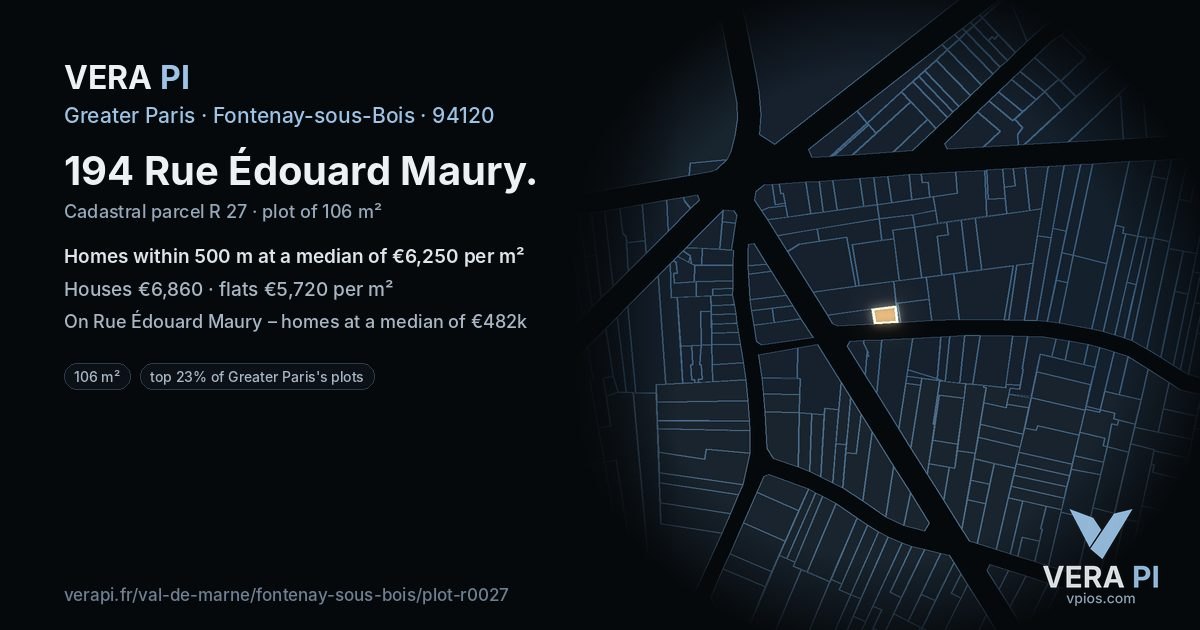 194 Rue Édouard Maury, Fontenay-sous-Bois at night – the plot lit, the parcels around coloured by the prices near them