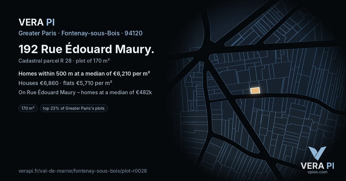 192 Rue Édouard Maury, Fontenay-sous-Bois at night – the plot lit, the parcels around coloured by the prices near them