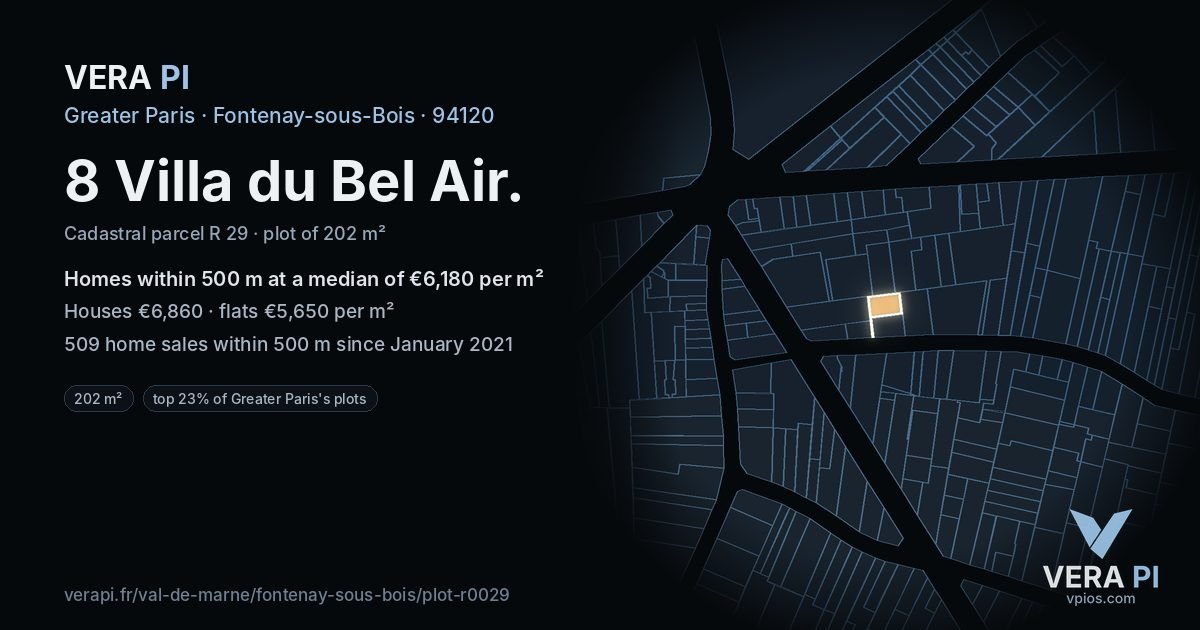 8 Villa du Bel Air, Fontenay-sous-Bois at night – the plot lit, the parcels around coloured by the prices near them