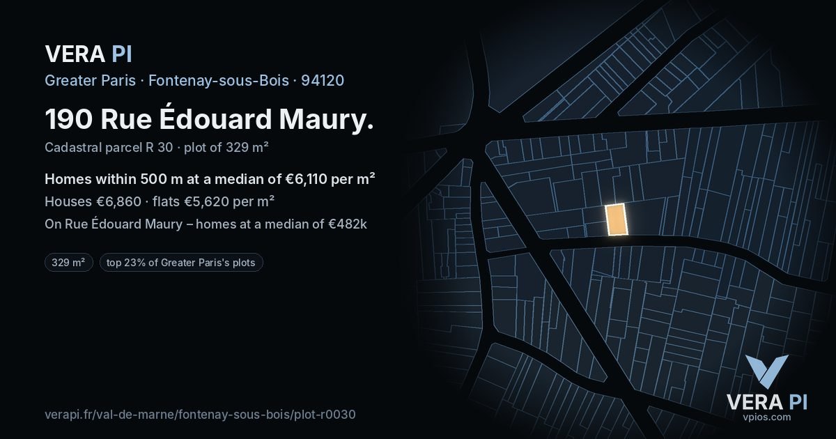 190 Rue Édouard Maury, Fontenay-sous-Bois at night – the plot lit, the parcels around coloured by the prices near them