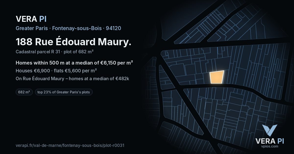 188 Rue Édouard Maury, Fontenay-sous-Bois at night – the plot lit, the parcels around coloured by the prices near them
