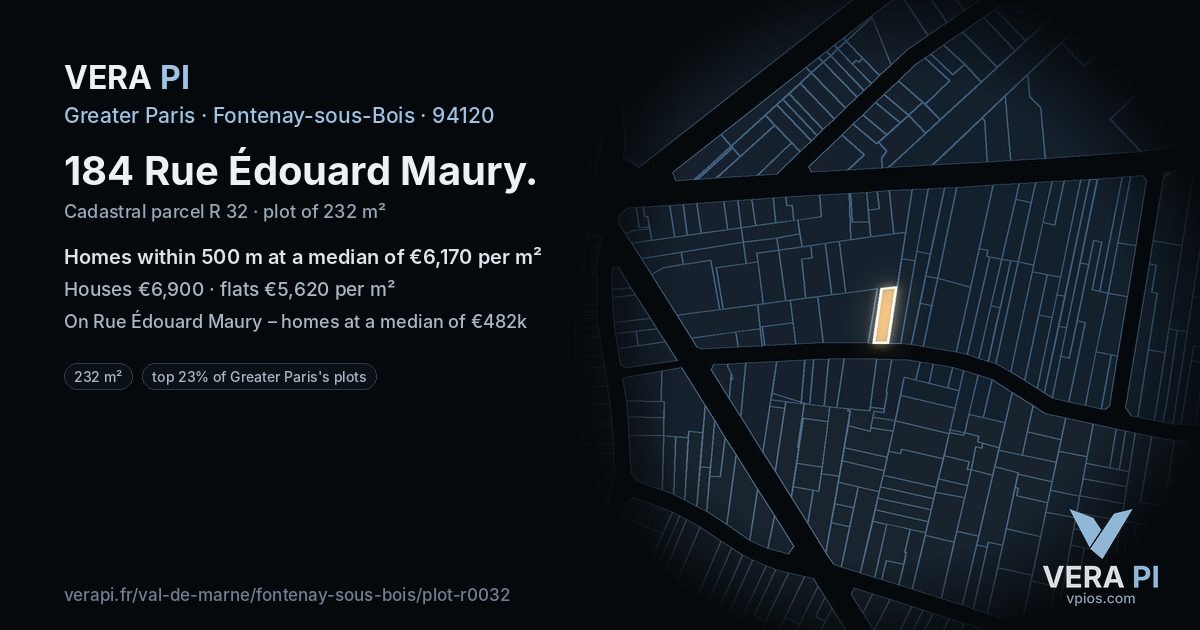 184 Rue Édouard Maury, Fontenay-sous-Bois at night – the plot lit, the parcels around coloured by the prices near them