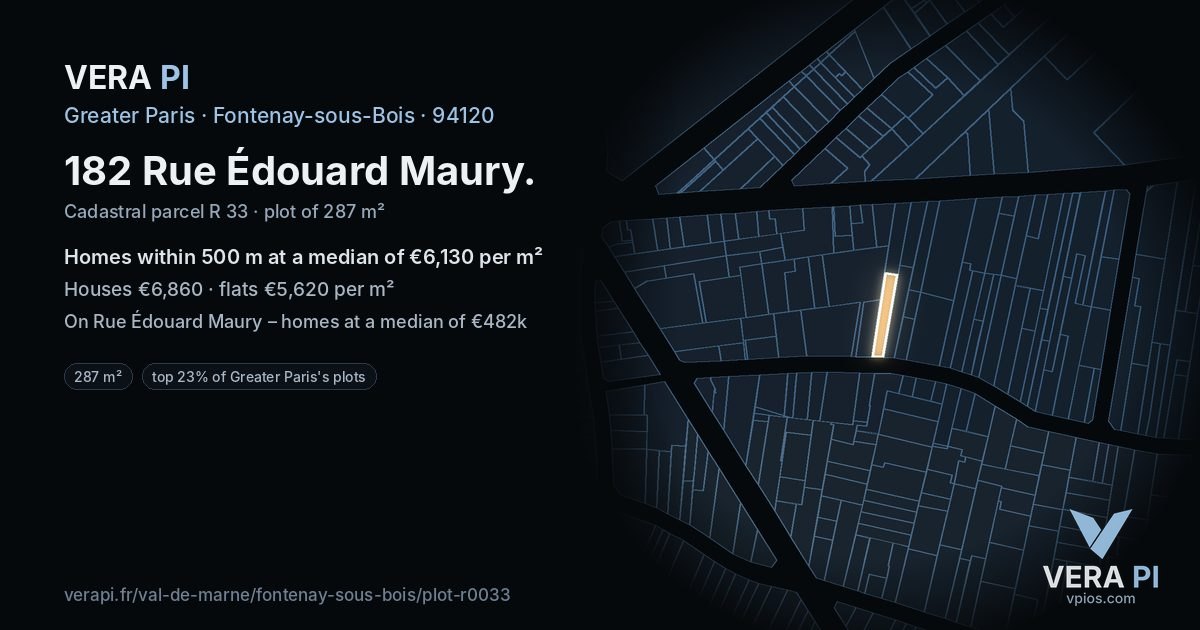 182 Rue Édouard Maury, Fontenay-sous-Bois at night – the plot lit, the parcels around coloured by the prices near them