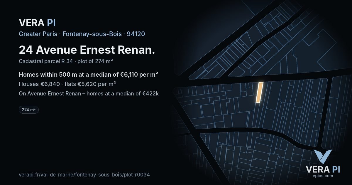 24 Avenue Ernest Renan, Fontenay-sous-Bois at night – the plot lit, the parcels around coloured by the prices near them