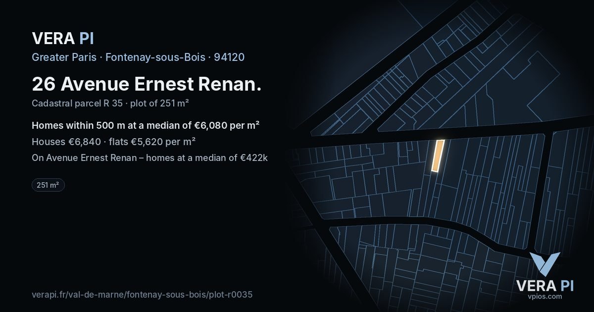 26 Avenue Ernest Renan, Fontenay-sous-Bois at night – the plot lit, the parcels around coloured by the prices near them