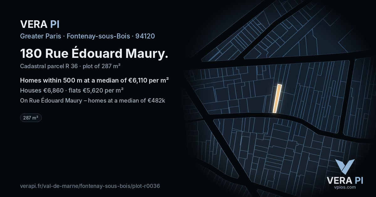 180 Rue Édouard Maury, Fontenay-sous-Bois at night – the plot lit, the parcels around coloured by the prices near them