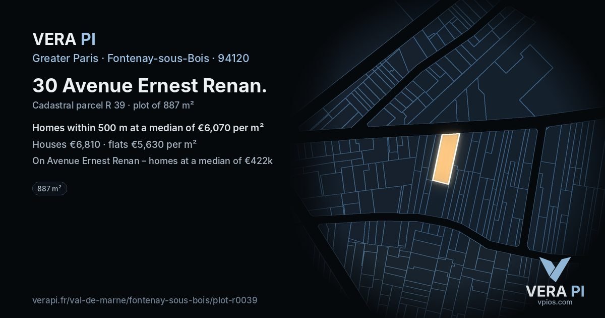 30 Avenue Ernest Renan, Fontenay-sous-Bois at night – the plot lit, the parcels around coloured by the prices near them