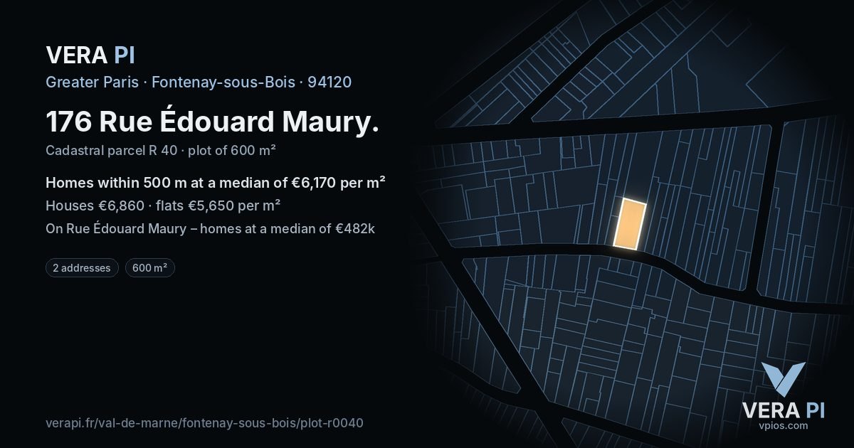 176 Rue Édouard Maury, Fontenay-sous-Bois at night – the plot lit, the parcels around coloured by the prices near them