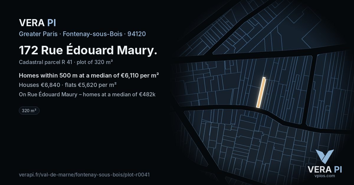 172 Rue Édouard Maury, Fontenay-sous-Bois at night – the plot lit, the parcels around coloured by the prices near them