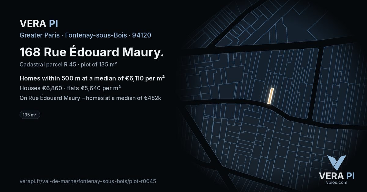 168 Rue Édouard Maury, Fontenay-sous-Bois at night – the plot lit, the parcels around coloured by the prices near them