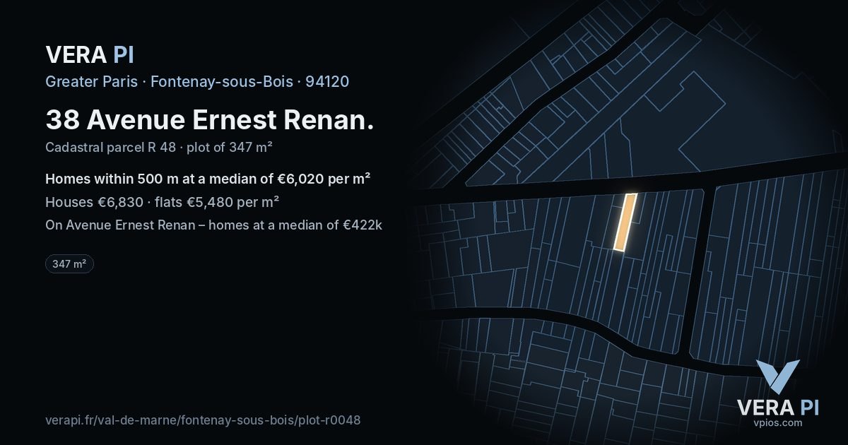 38 Avenue Ernest Renan, Fontenay-sous-Bois at night – the plot lit, the parcels around coloured by the prices near them