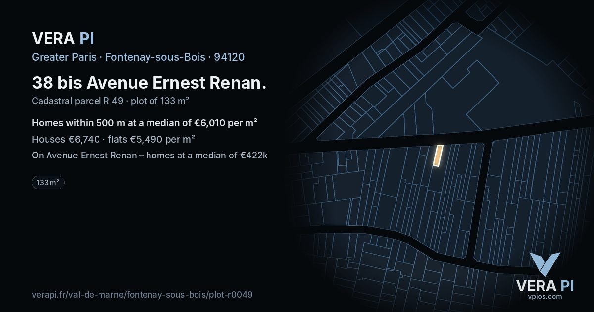 38 bis Avenue Ernest Renan, Fontenay-sous-Bois at night – the plot lit, the parcels around coloured by the prices near them