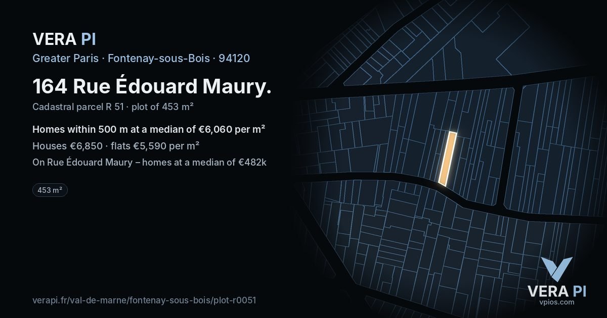 164 Rue Édouard Maury, Fontenay-sous-Bois at night – the plot lit, the parcels around coloured by the prices near them