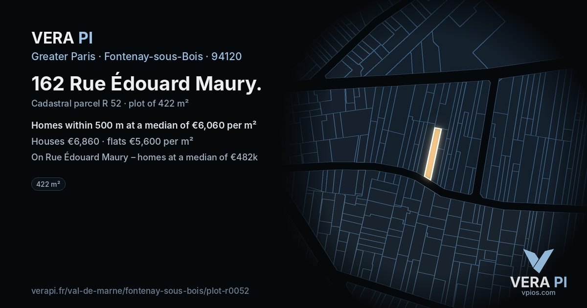 162 Rue Édouard Maury, Fontenay-sous-Bois at night – the plot lit, the parcels around coloured by the prices near them