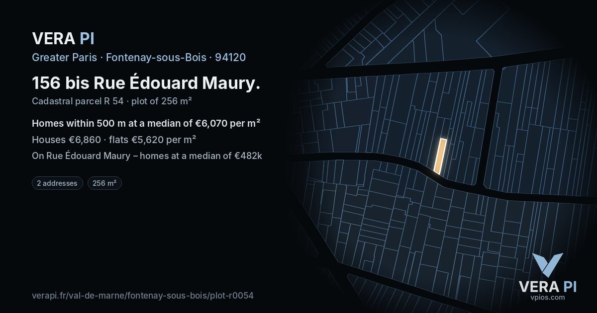 156 bis Rue Édouard Maury, Fontenay-sous-Bois at night – the plot lit, the parcels around coloured by the prices near them