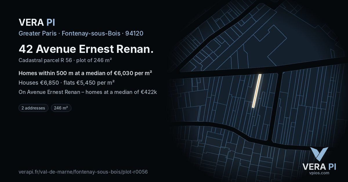 42 Avenue Ernest Renan, Fontenay-sous-Bois at night – the plot lit, the parcels around coloured by the prices near them
