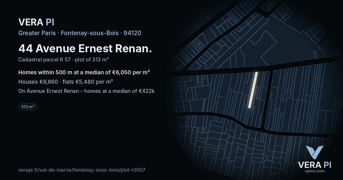 44 Avenue Ernest Renan, Fontenay-sous-Bois at night – the plot lit, the parcels around coloured by the prices near them