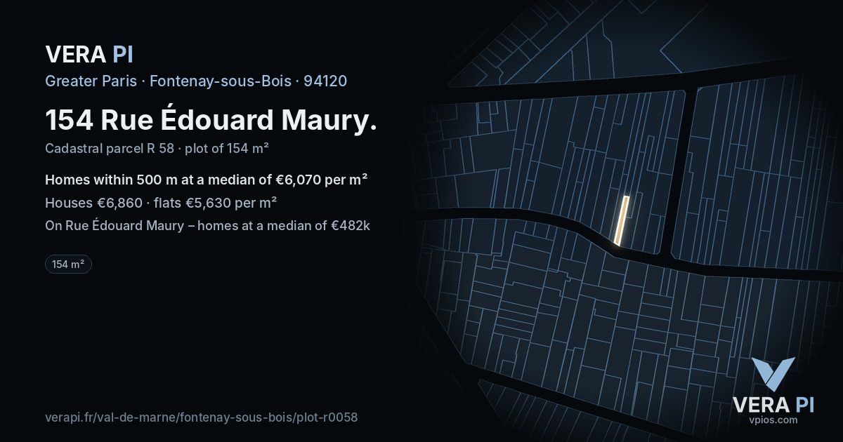 154 Rue Édouard Maury, Fontenay-sous-Bois at night – the plot lit, the parcels around coloured by the prices near them