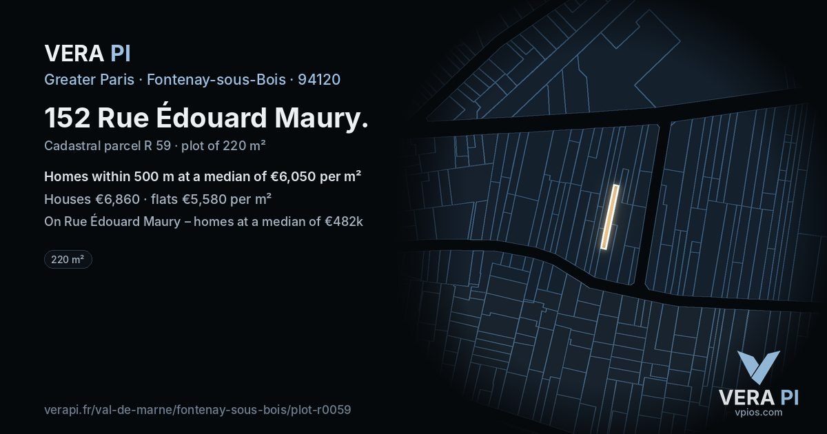 152 Rue Édouard Maury, Fontenay-sous-Bois at night – the plot lit, the parcels around coloured by the prices near them