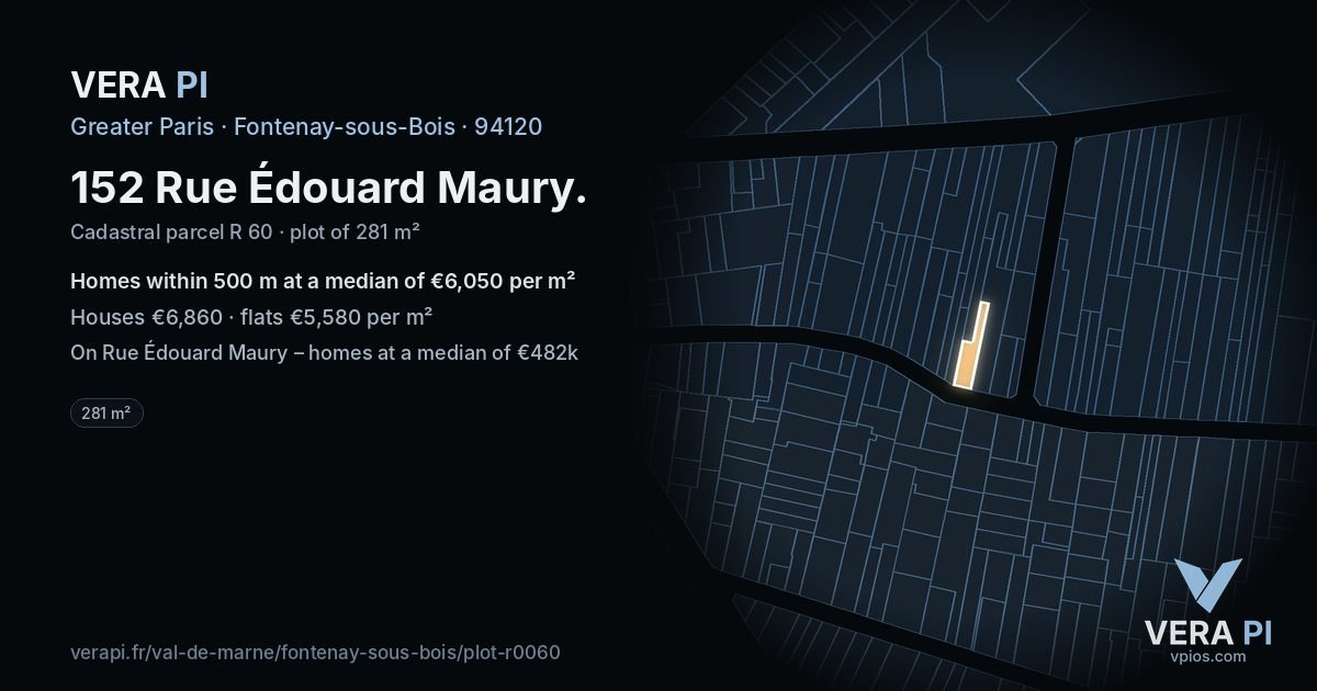 152 Rue Édouard Maury, Fontenay-sous-Bois at night – the plot lit, the parcels around coloured by the prices near them