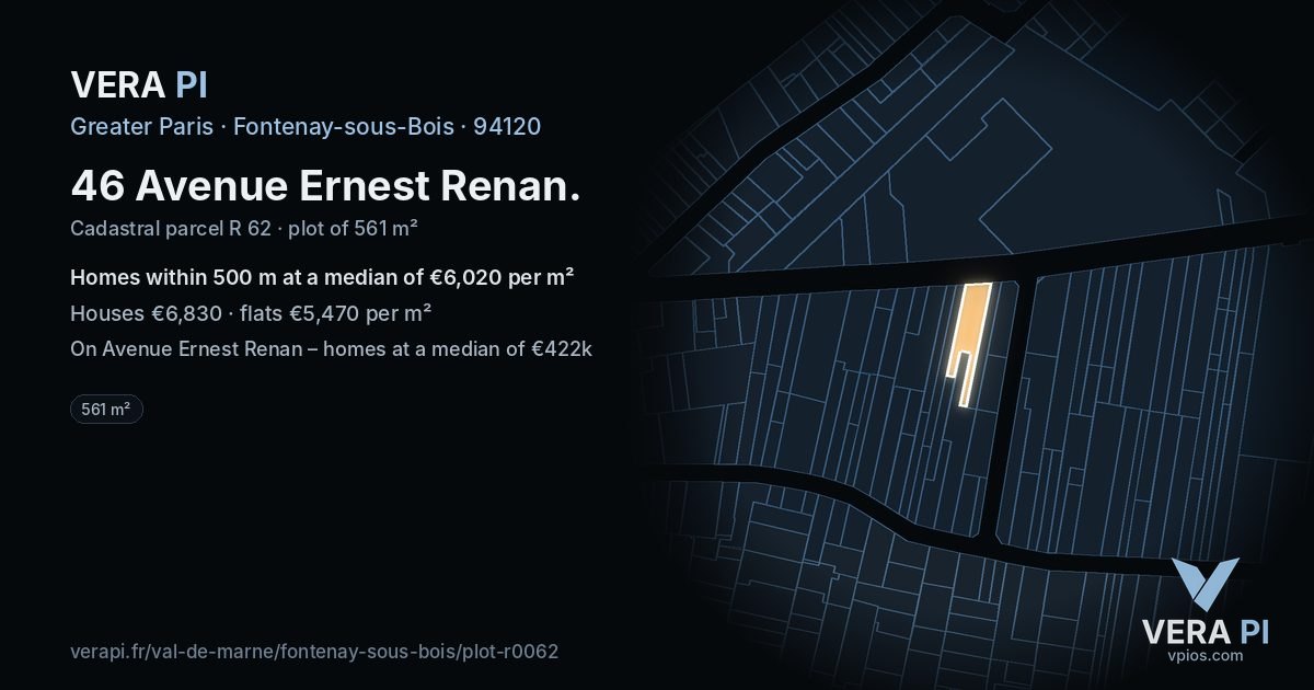 46 Avenue Ernest Renan, Fontenay-sous-Bois at night – the plot lit, the parcels around coloured by the prices near them