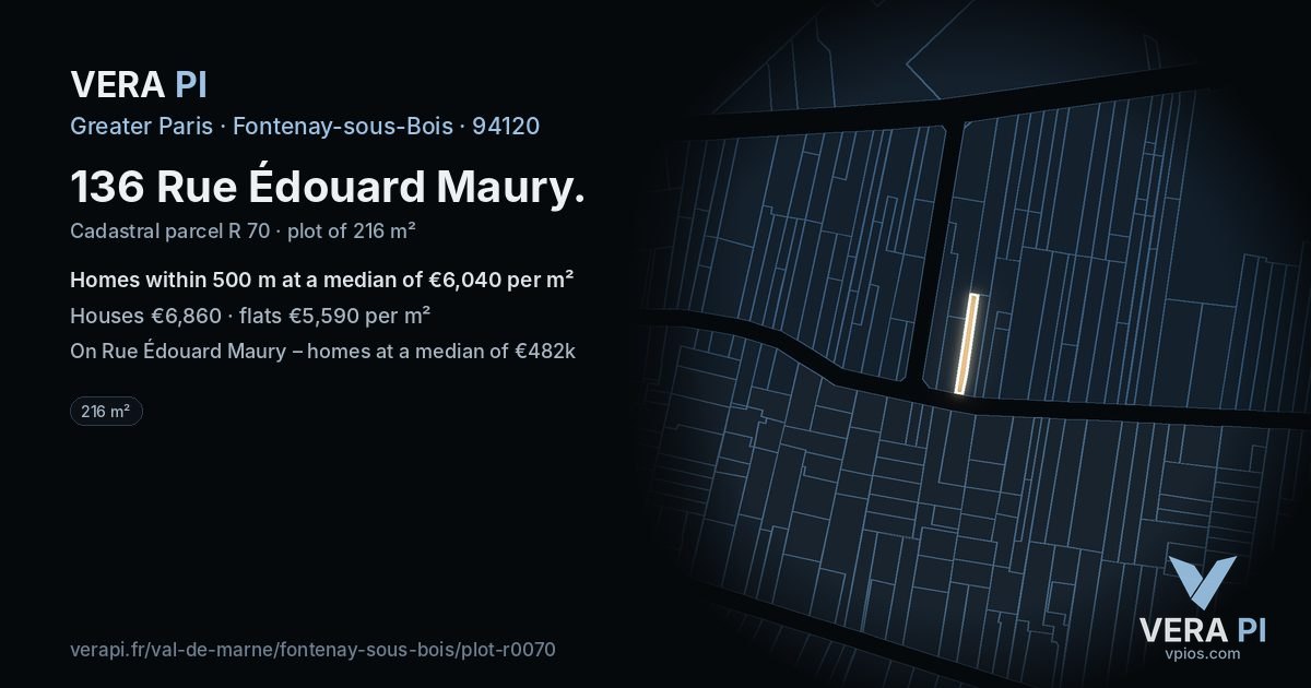 136 Rue Édouard Maury, Fontenay-sous-Bois at night – the plot lit, the parcels around coloured by the prices near them