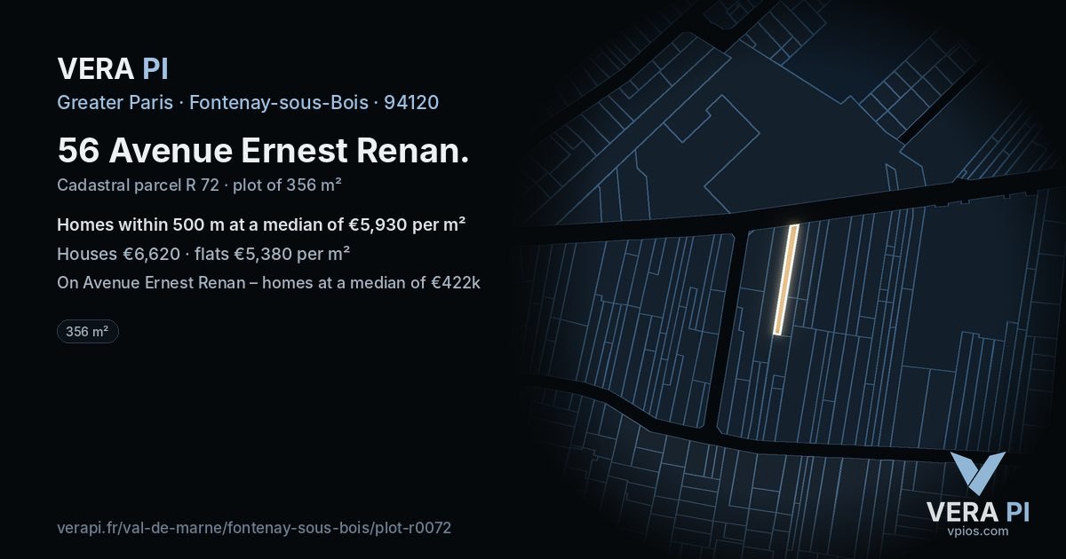 56 Avenue Ernest Renan, Fontenay-sous-Bois at night – the plot lit, the parcels around coloured by the prices near them