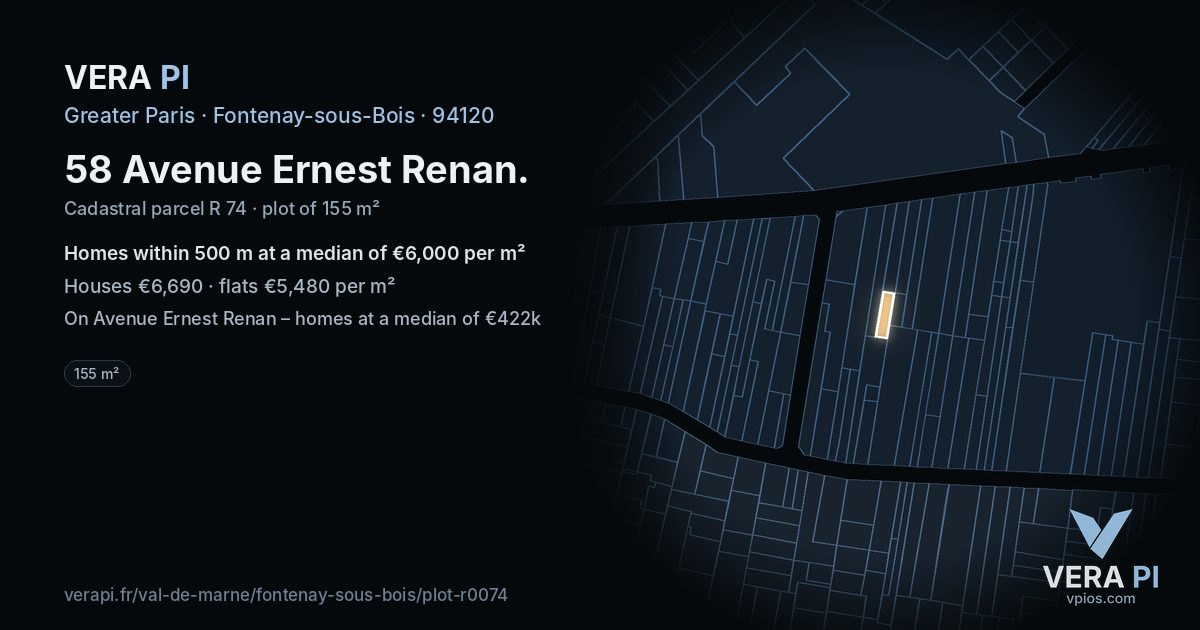 58 Avenue Ernest Renan, Fontenay-sous-Bois at night – the plot lit, the parcels around coloured by the prices near them