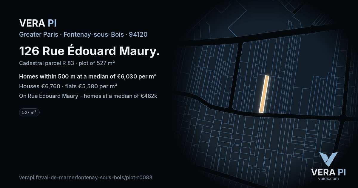 126 Rue Édouard Maury, Fontenay-sous-Bois at night – the plot lit, the parcels around coloured by the prices near them