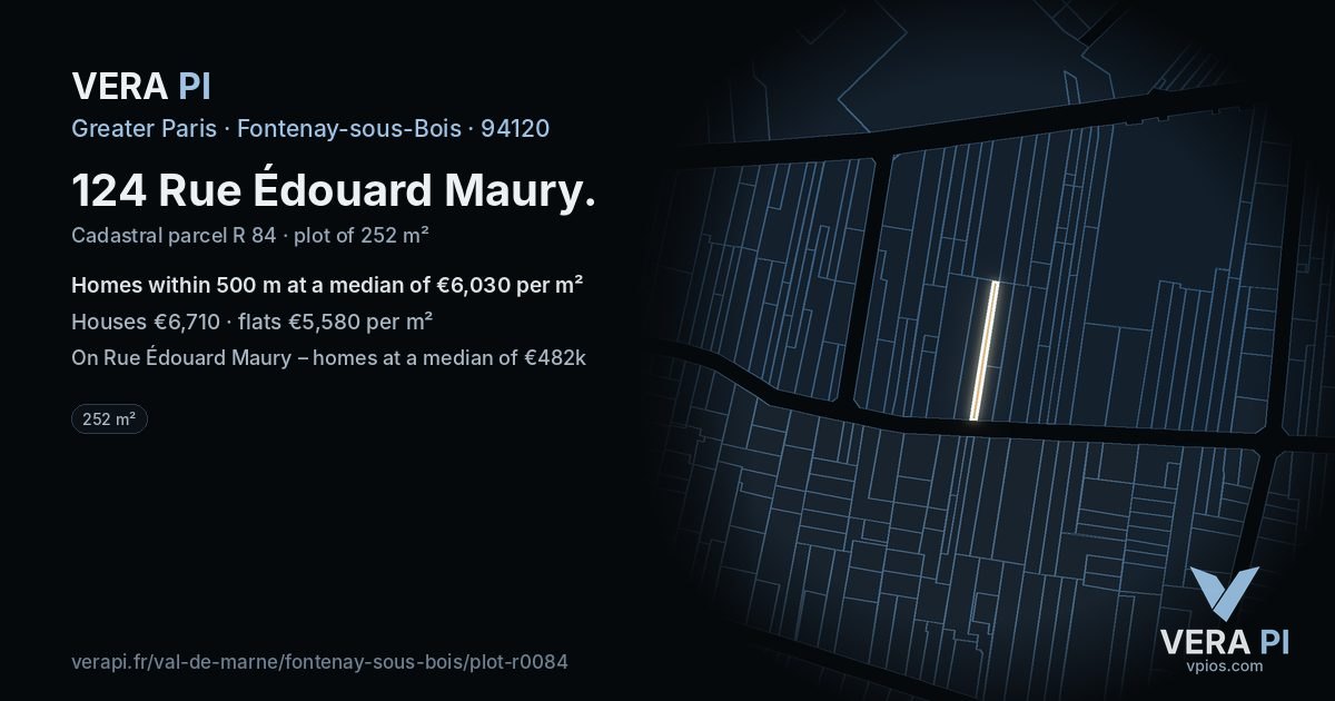 124 Rue Édouard Maury, Fontenay-sous-Bois at night – the plot lit, the parcels around coloured by the prices near them