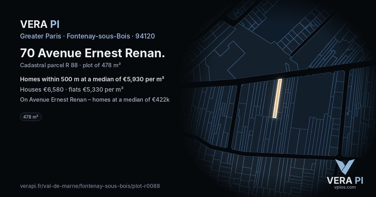 70 Avenue Ernest Renan, Fontenay-sous-Bois at night – the plot lit, the parcels around coloured by the prices near them