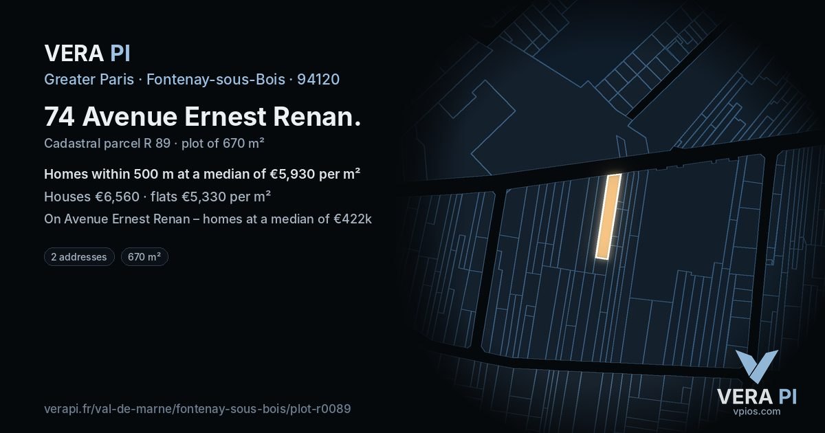 74 Avenue Ernest Renan, Fontenay-sous-Bois at night – the plot lit, the parcels around coloured by the prices near them