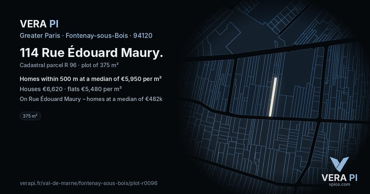 114 Rue Édouard Maury, Fontenay-sous-Bois at night – the plot lit, the parcels around coloured by the prices near them