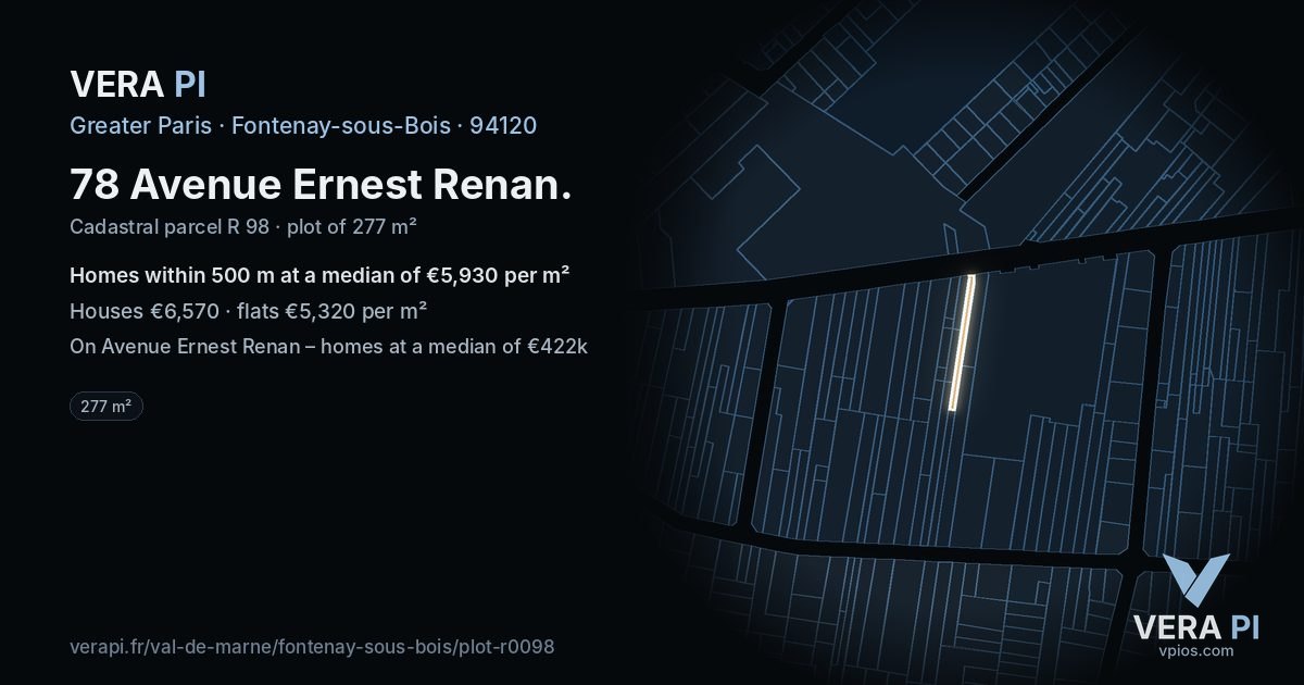 78 Avenue Ernest Renan, Fontenay-sous-Bois at night – the plot lit, the parcels around coloured by the prices near them