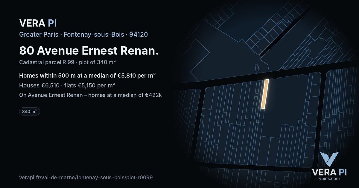 80 Avenue Ernest Renan, Fontenay-sous-Bois at night – the plot lit, the parcels around coloured by the prices near them