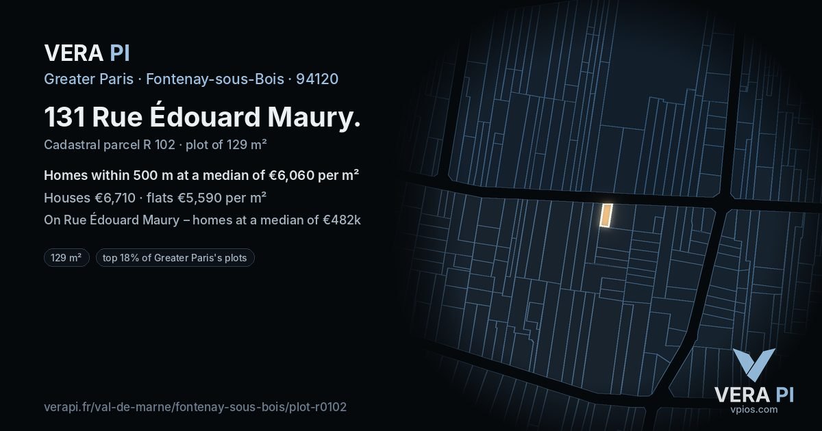 131 Rue Édouard Maury, Fontenay-sous-Bois at night – the plot lit, the parcels around coloured by the prices near them